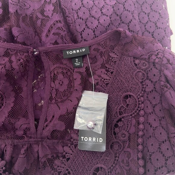 Torrid Womens Sze 2X Lace Mix Long Sleeve Top Blouse Burgandy Sheer V Neck- NEW - Picture 9 of 14